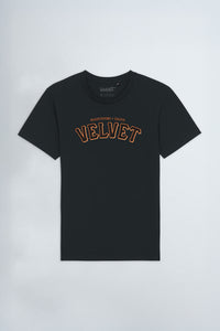 Black t-shirt with 'Velvet' text on a light background