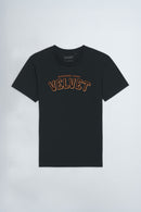Black t-shirt with 'Velvet' text on a white background