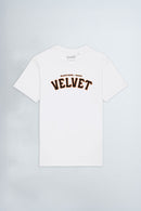 White t-shirt with 'Velvet' text on a light background