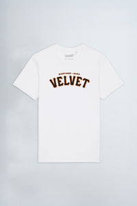 White t-shirt with 'Velvet' text on a light background
