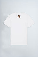 White t-shirt with a red and brown logo on a light background
