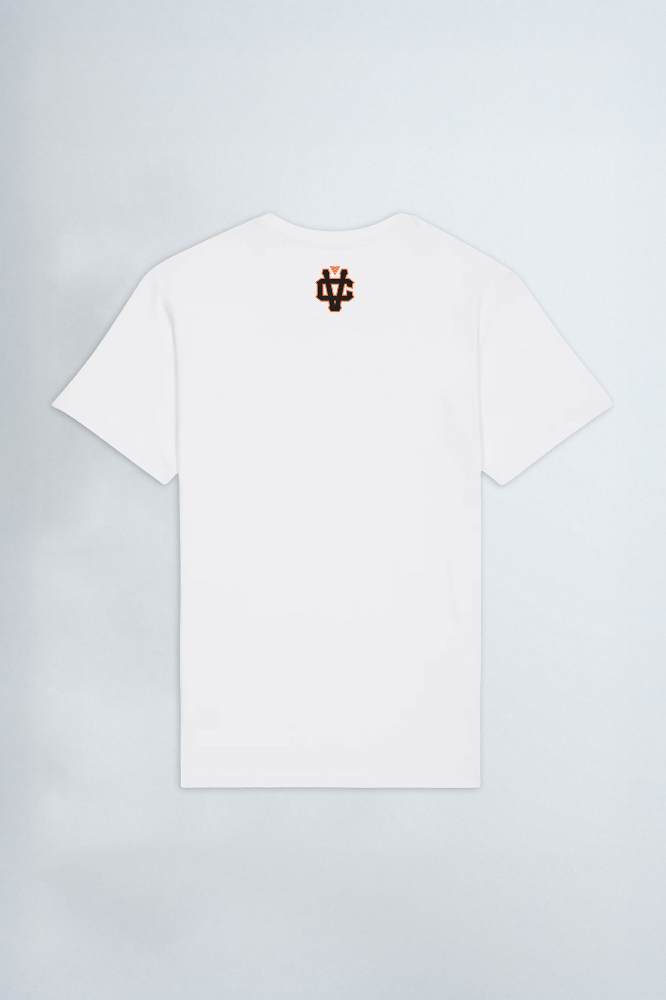 White t-shirt with a red and brown logo on a light background