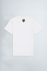 White t-shirt with a red and brown logo on a light background