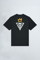Black t-shirt with a logo on the back against a light background