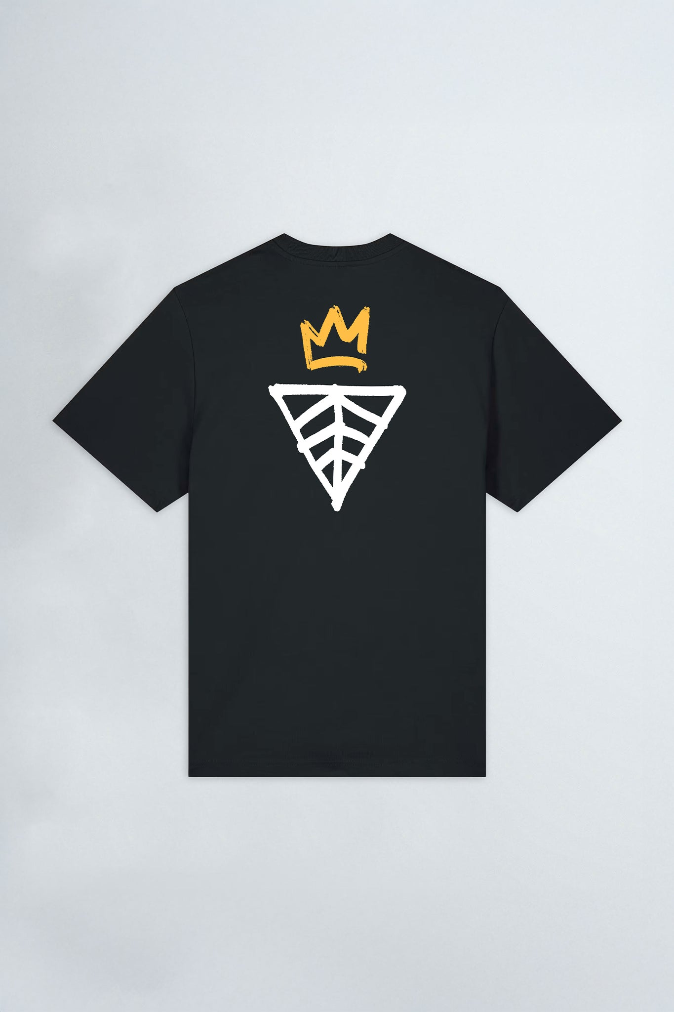 Black t-shirt with a logo on the back against a light background