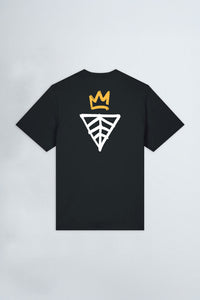 Black t-shirt with a logo on the back against a light background