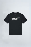 Black t-shirt with 'Velvet' logo on a light gray background