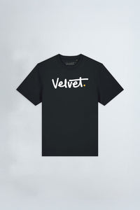 Black t-shirt with 'Velvet' logo on a light gray background
