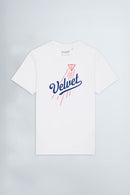 White t-shirt with 'Velvet' logo on a light background