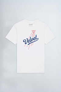 White t-shirt with 'Velvet' logo on a light background